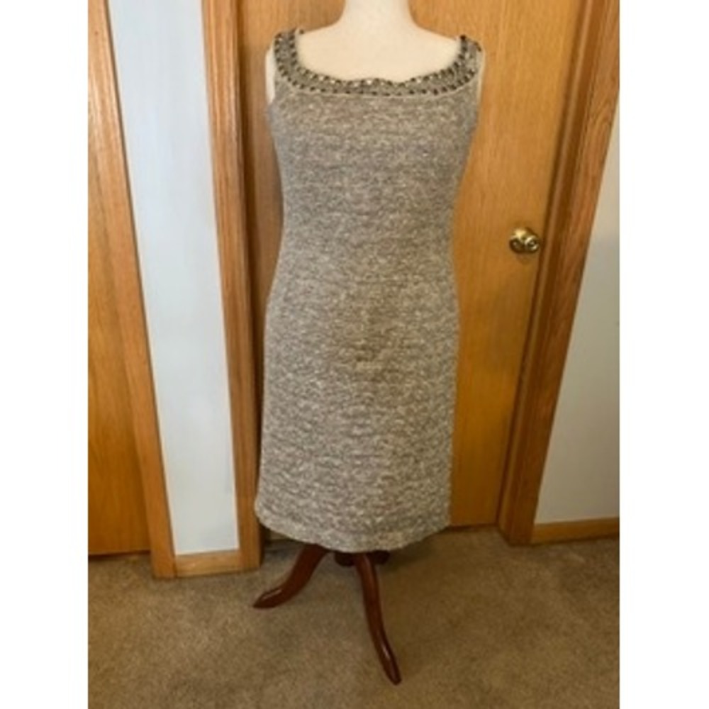 St. John Couture Metallic Tweed Embellished Scoop Neck Sheath Dress Size 16
